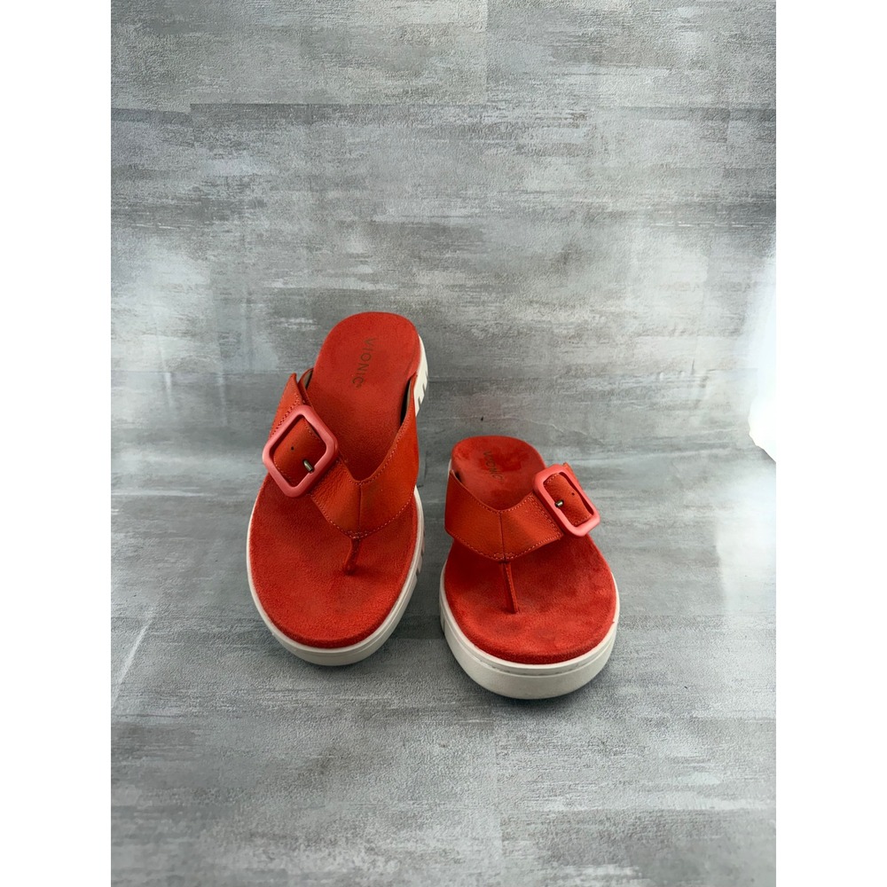 Vionic Uptown Marin Red Suede Platform Thong Sandals Women 6.5 Orthotic Buckle